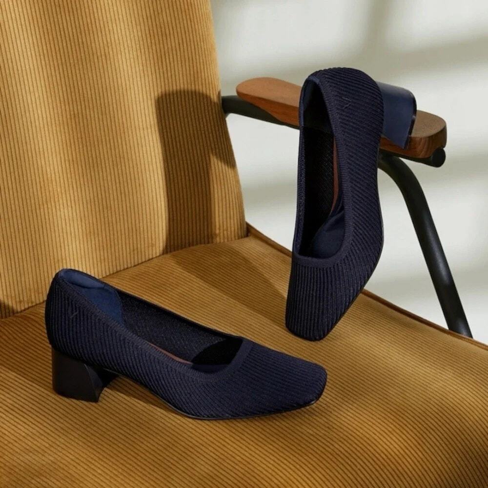 Vivaia Melody Pro Square Toe Chunky Heels Old Money Knit Office Comfort Navy 8.5